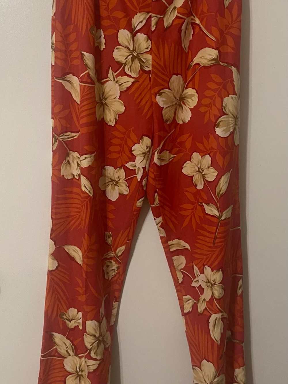 TALBOTS VINTAGE WOMEN SILK/LINEN CASUAL PANT SZ 10 ORANGE W/BEIGE FLOWERS W=30"